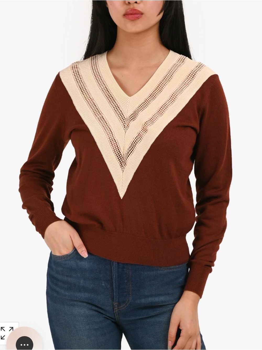 Sandro Women’s Brown V-Neck Sweater with Cream Chevron Trim